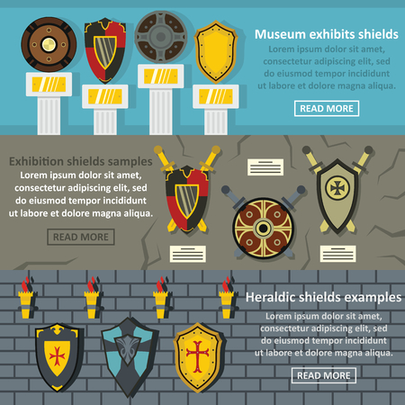 Shield exhibits banner horizonatal set, flat styleのイラスト素材