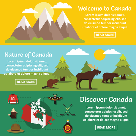 Canada travel banner horizontal concept set. Flat illustration of 3 Canada travel vector banner horizontal concepts for webのイラスト素材