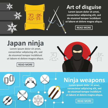 Ninja weapon banner horizontal concept set. Flat illustration of 3 ninja weapon vector banner horizontal concepts for webの写真素材