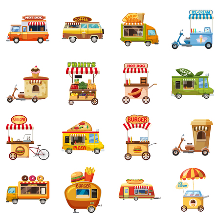 Street food kiosk icons set, cartoon styleのイラスト素材