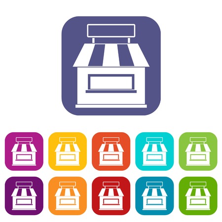 Shop building facade icons set vector illustration in flat style In colors red, blue, green and otherのイラスト素材