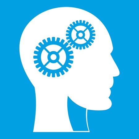 Gears in human head icon white isolated on blue background vector illustrationのイラスト素材
