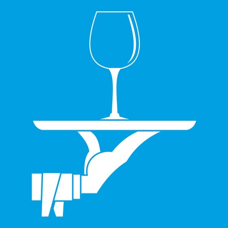 Waiter hand holding tray with wine glass icon white isolated on blue background vector illustrationのイラスト素材