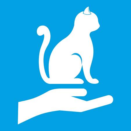 Hand holding a cat icon white isolated on blue background vector illustrationのイラスト素材
