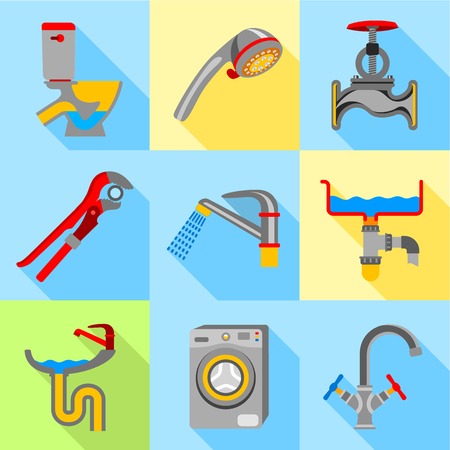 Plumbing trouble icons set. Flat set of 9 plumbing trouble vector icons for web with long shadowのイラスト素材