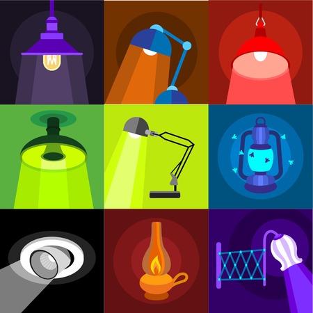 Lighting icons set. Flat set of 9 lighting vector icons for web with long shadowのイラスト素材