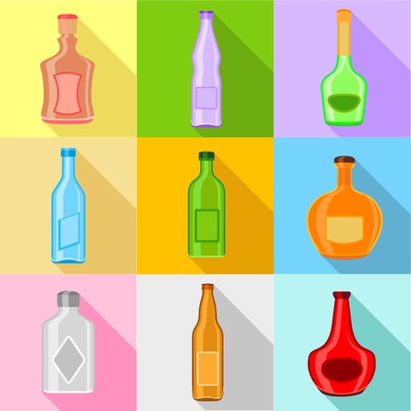 Bottle forms icons set. Flat set of 9 bottle forms vector icons for web with long shadowのイラスト素材