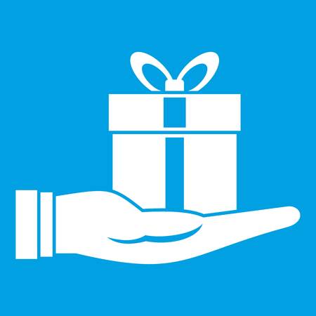 Gift box in hand icon white isolated on blue background vector illustrationのイラスト素材