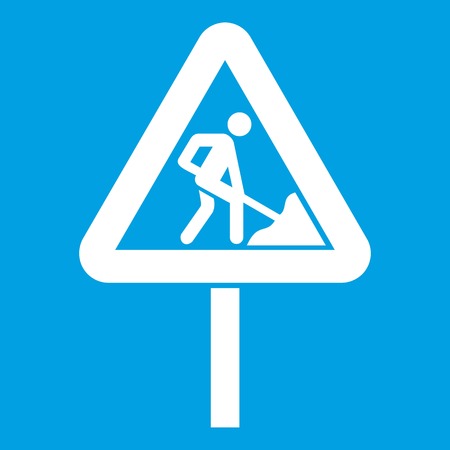 Road works sign icon white isolated on blue background vector illustrationのイラスト素材