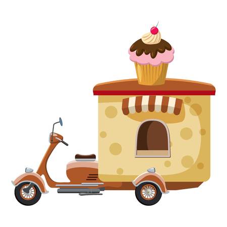Cupcake moped mobile snack icon. cartoon illustration of cupcake moped mobile snack vector icon for webのイラスト素材