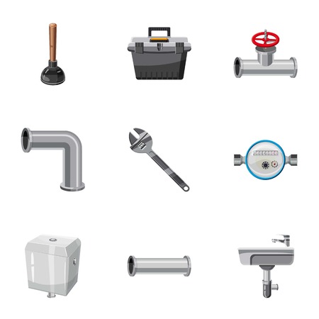 Plumbing emergency icons set. Cartoon set of 9 plumbing emergency vector icons for web isolated on white backgroundのイラスト素材