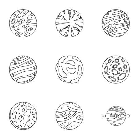 Mystery planet icons set. Outline set of 9 mystery planet vector icons for web isolated on white backgroundのイラスト素材