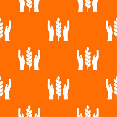 Hands and ear of wheat pattern repeat seamless in orange color for any design. Vector geometric illustrationのイラスト素材