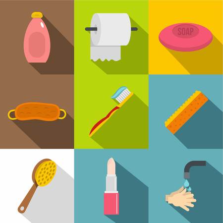 Bathroom accessories icon set. Flat style set of 9 bathroom accessories vector icons for web designのイラスト素材