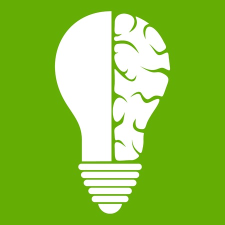 Brain lamp icon white isolated on green background. Vector illustrationのイラスト素材