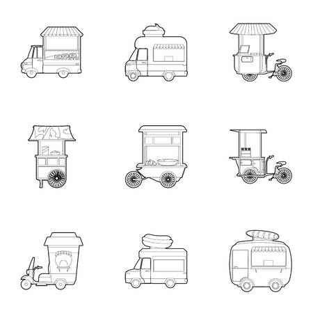 Fast food truck icons set. Outline set of 9 fast food truck vector icons for web isolated on white backgroundのイラスト素材