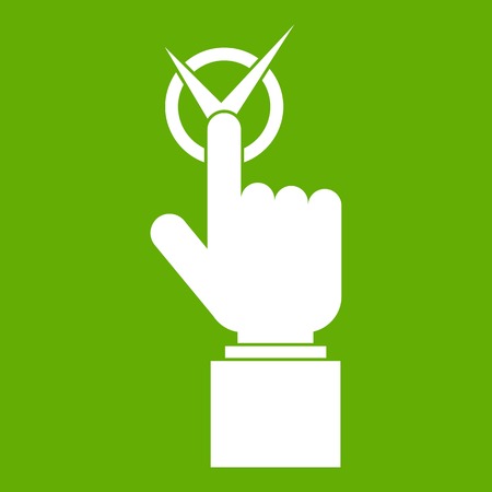 Hand finger pressing button with tick icon white isolated on green background. Vector illustrationのイラスト素材