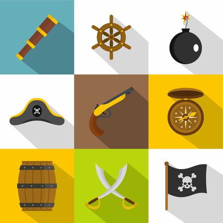 Pirate icon set. Flat style set of 9 pirate vector icons for web designのイラスト素材