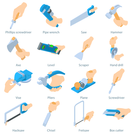 Hand hold tool icons set, isometric styleのイラスト素材