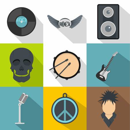 Rock instrument icon set. Flat style set of 9 rock instrument vector icons for web designのイラスト素材