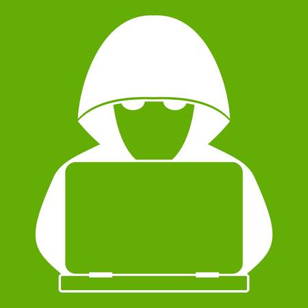 Computer hacker with laptop icon white isolated on green background. Vector illustrationのイラスト素材