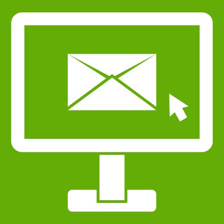 Monitor with email sign icon white isolated on green background. Vector illustrationのイラスト素材