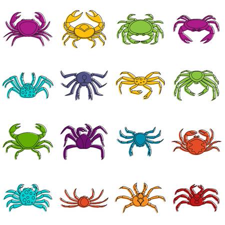 Various crab icons set. Doodle illustration of vector icons isolated on white background for any web designのイラスト素材