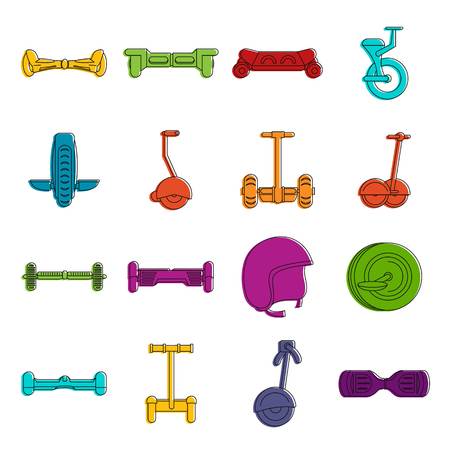 Balancing scooter icons set. Doodle illustration of vector icons isolated on white background for...