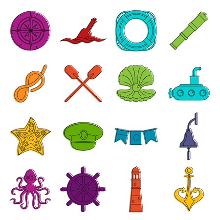 Nautical icons set. Doodle illustration of vector icons isolated on white background for any web designのイラスト素材