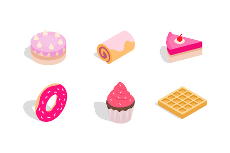 Cake icon set. Isometric set of cake vector icons for web design isolated on white backgroundのイラスト素材