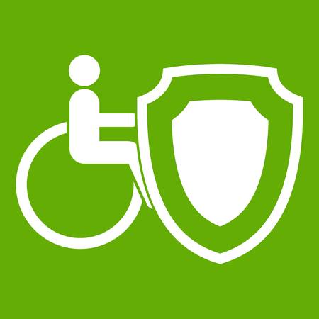 Wheelchair and safety shield icon white isolated on green background. Vector illustrationのイラスト素材
