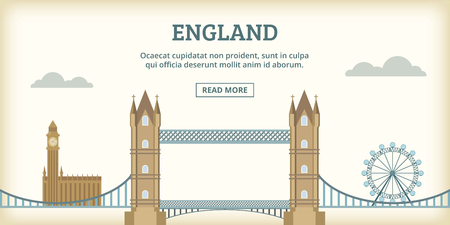English landmarks banner horizontal concept. Cartoon illustration of english landmarks banner horizontal vector for webのイラスト素材