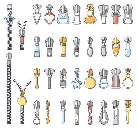 Metal zipper puller icons set, cartoon styleのイラスト素材