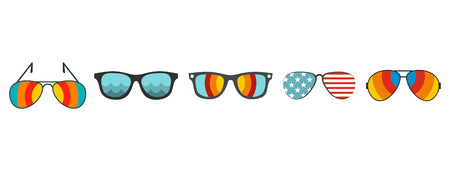 Sun glasses icon set. Flat set of sun glasses vector icons for web design isolated on white backgroundのイラスト素材