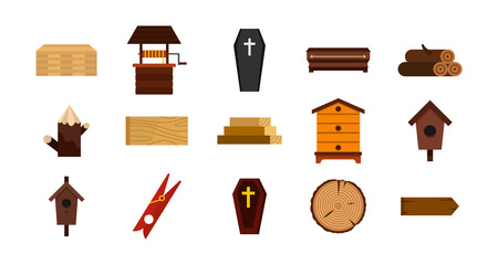 Wood object icon set, flat style illustration.のイラスト素材