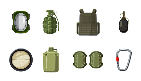 Military equipment icon set. Cartoon set of military equipment vector icons for web design isolated on white backgroundのイラスト素材