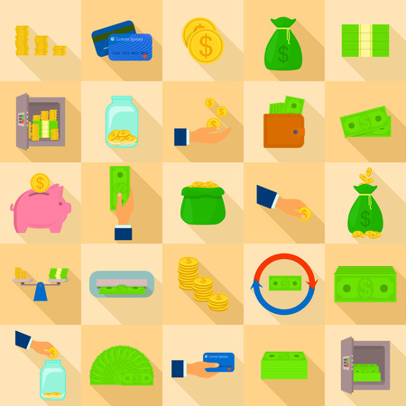 Money types icons set, flat style.のイラスト素材