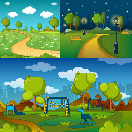 Park alley way banner concept set, cartoon styleのイラスト素材