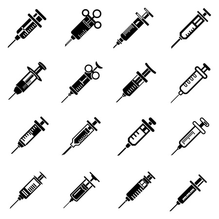 Syringe needle injection icons set. Simple illustration of 16 syringe needle injection vector icons for webのイラスト素材