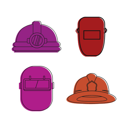 Protect helmet icon set, color outline style designのイラスト素材