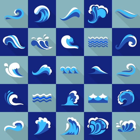 Water wave blue icons set, flat style designのイラスト素材