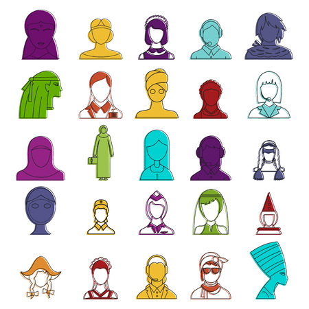 Woman avatar icon set, color outline style Vector illustration.のイラスト素材