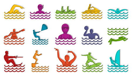 Water sport icon set. Color outline set of water sport vector icons for web design isolated on white backgroundのイラスト素材