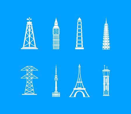Tower icon set. Simple set of tower vector icons for web design isolated on blue backgroundのイラスト素材