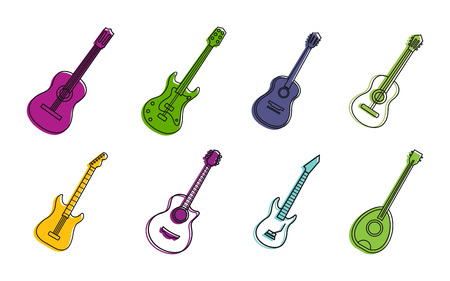 Guitar icon set. Color outline set of guitar vector icons for web design isolated on white backgroundのイラスト素材