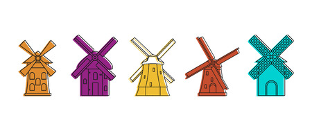 Windmill icon set, color outline styleのイラスト素材