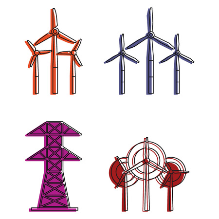 Electric tower icon set, color outline styleのイラスト素材
