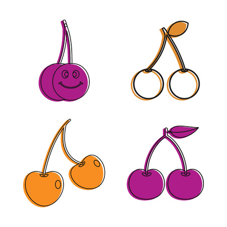 Cherry icon set, color outline styleのイラスト素材