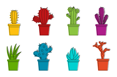 Room cactus icon set, color outline styleのイラスト素材