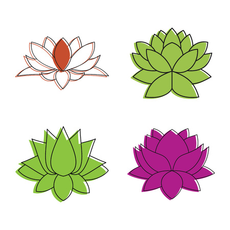 Lotus flower icon set, color outline styleのイラスト素材